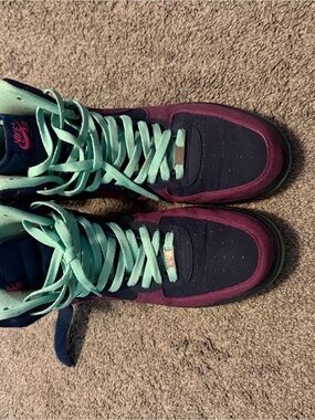 Nike Air Force 1  Hi-Top Sneakers — Navy, Burgundy & Mint